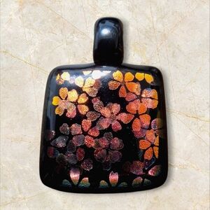 Fused Dichroic Floral Glass Pendant - Black, Red, Orange & Yellow